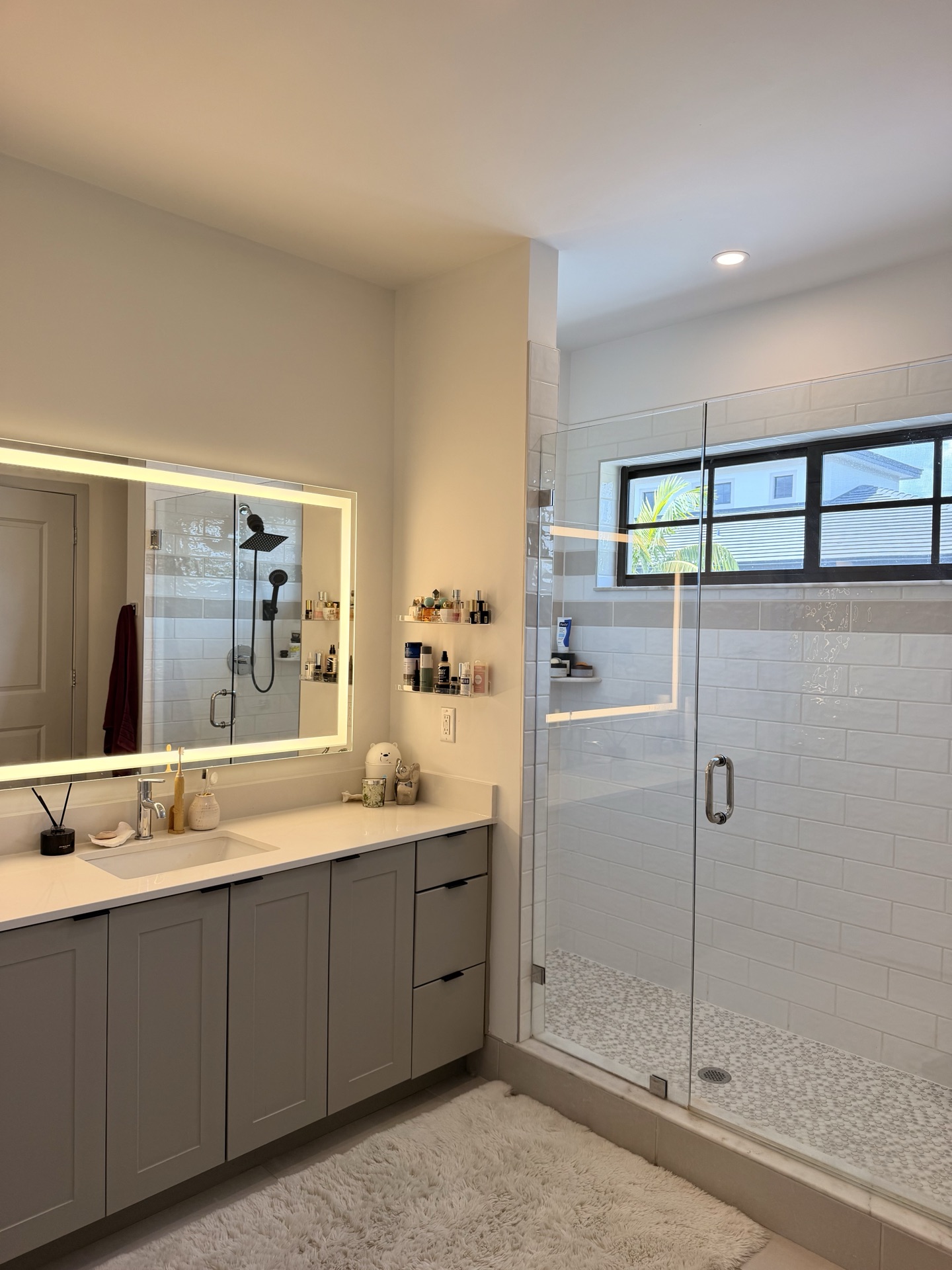 Bathroom vanity and glass walk-in shower