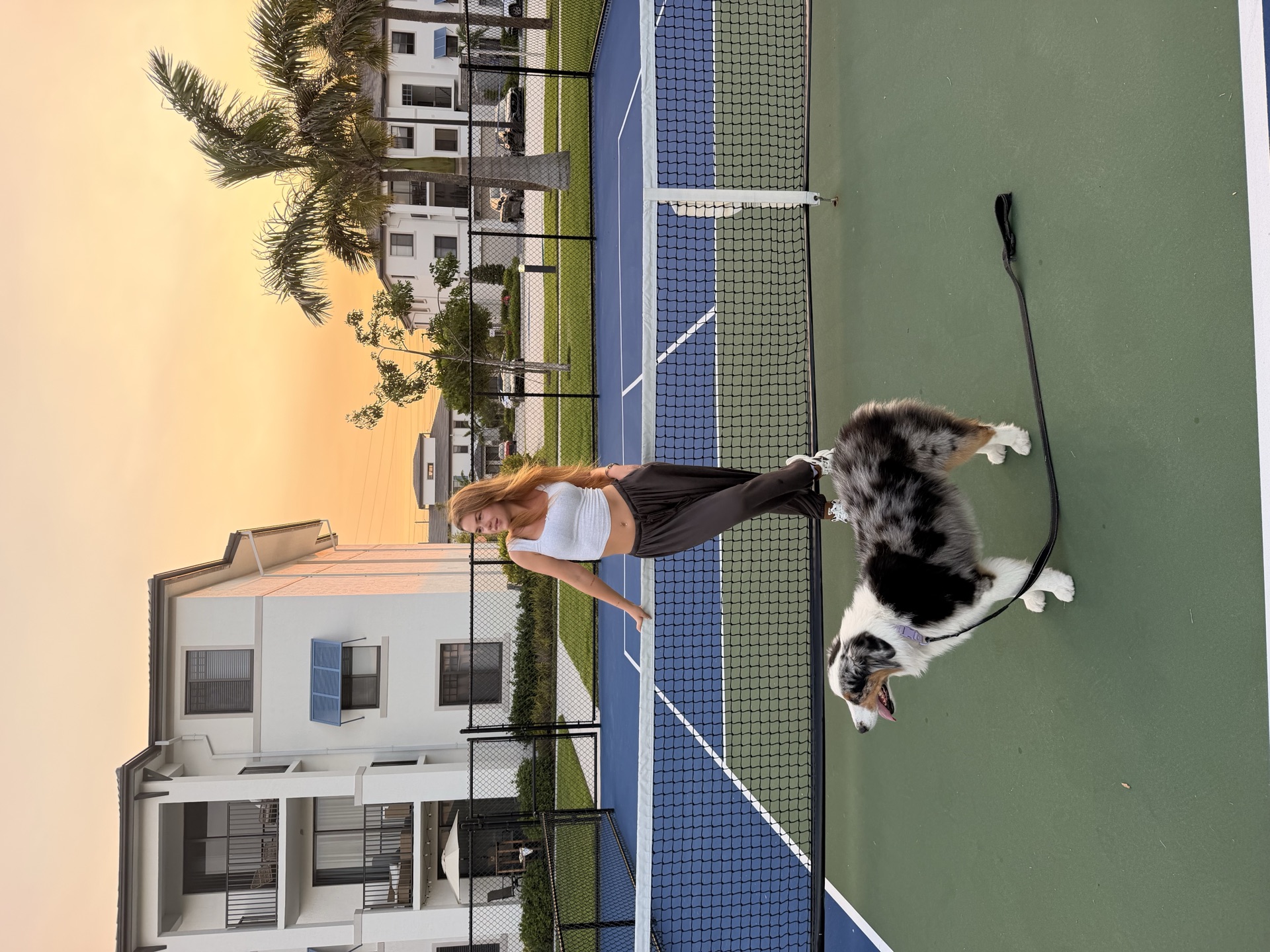 Tennis court at sunset with apartment buildings beyond